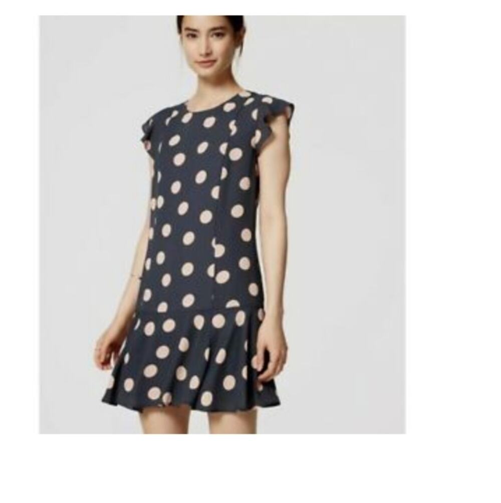 Loft Gray-Blue & Pink Polka Dot Ruffle Hem Midi Dress Sz M #734